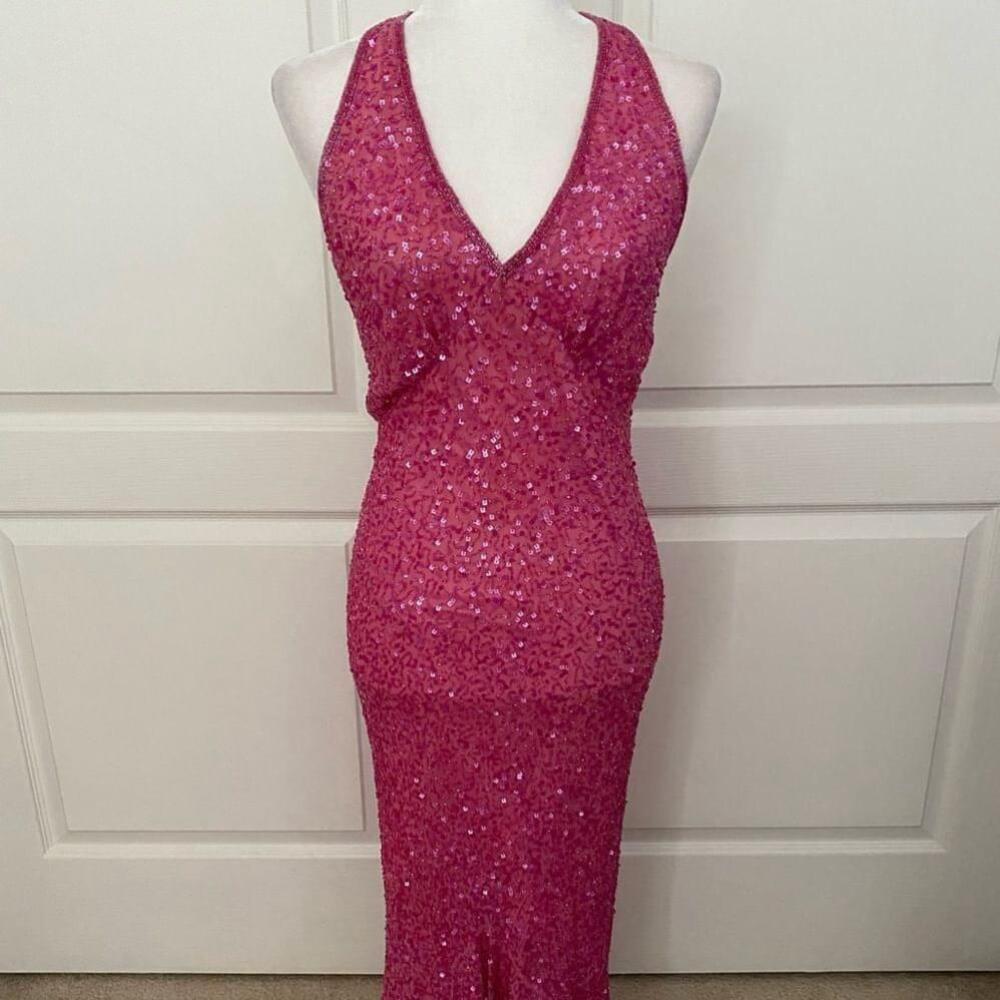 Adrianna Papell Hot Pink Sequin Halter Mermaid Dress – Formal/Cocktail - Picture 3 of 10